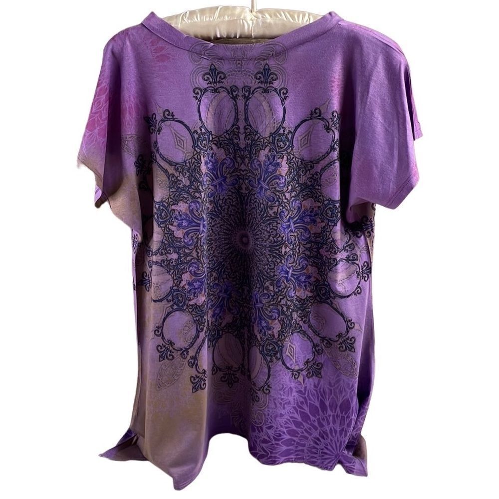 Only Nine Ladies Vneck Top, Size Petite Large, Purple and Black, Beaded